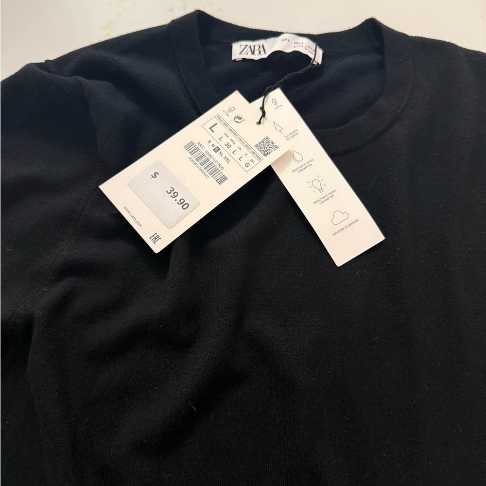 ZARA BLACK KNIT LONG SLEEVE SWEATER WHITE TRIM SLEEVES LARGE NWT - Picture 10 of 11